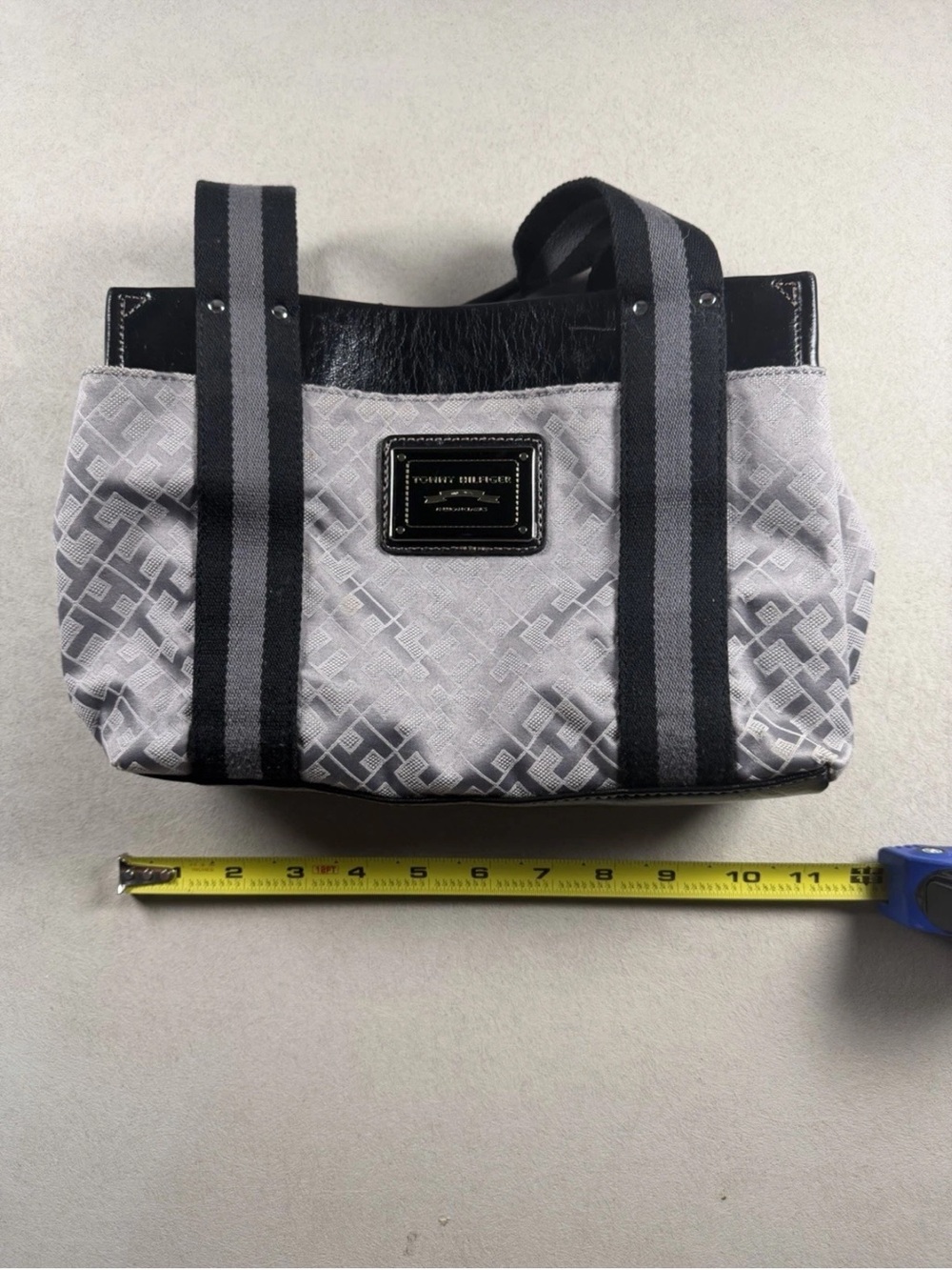 Tommy Hilfiger Gray Monogram Tote with Black Striped Handles - really good shape